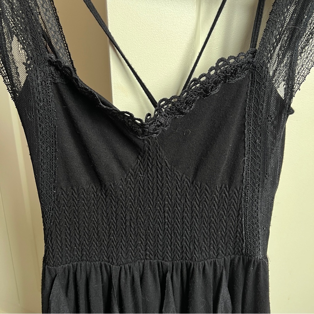 Free People Miss Mini Dress in Black with Smocked Waist and Lace Trim small - Picture 7 of 10